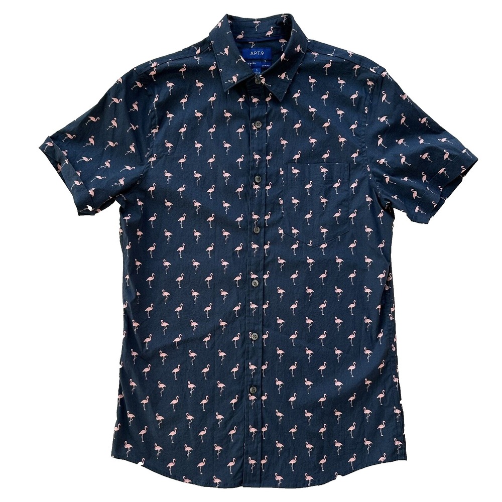 Apt 9 Men's Small Shirt Slim Fit Premier Flex Short Sleeve Navy with Flamingos